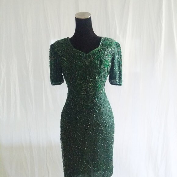 INCREDIBLE NOS 80's Green Sequin Stenay Cocktail Dress Size 6 - Picture 9 of 10